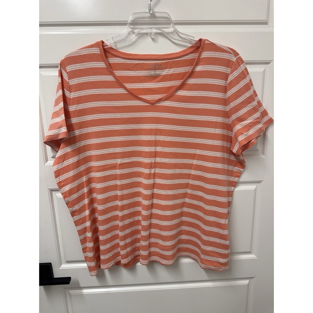Talbots Plus Size 2X Cotton Striped Vneck Short Sleeve Tee Orange White